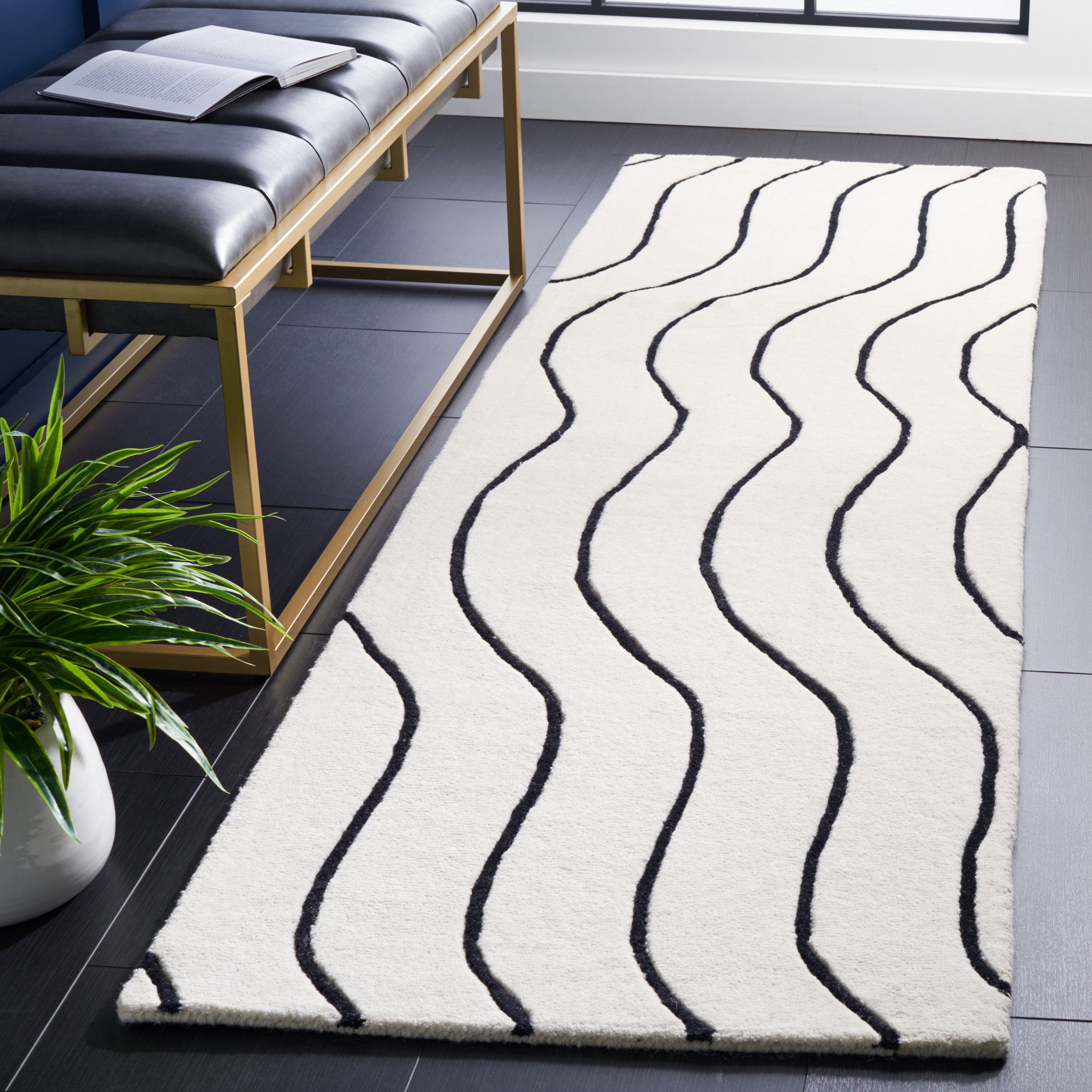 Ivy Bronx Kristian Abstract Handmade Tufted Wool Ivory Black Area Rug